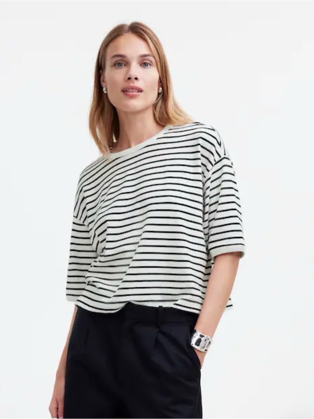 Madewell XS Relaxed Boxy Oversized Striped T-Shirt Black White